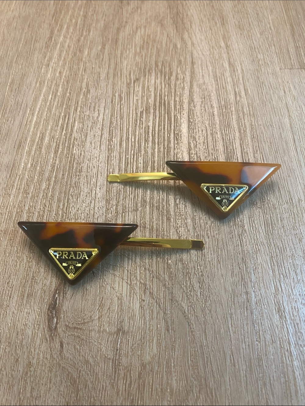Prada Triangle Logo Tortoiseshell Hair Clips Barrette Set Gold Pin